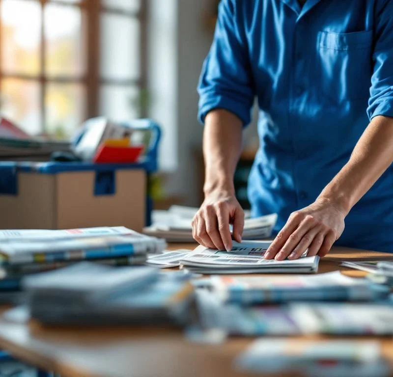 Jakelijatyöntekijä sinisessä univormussa lajittelee lehtiä ja mainoksia puupöydällä, jakokärry vieressä