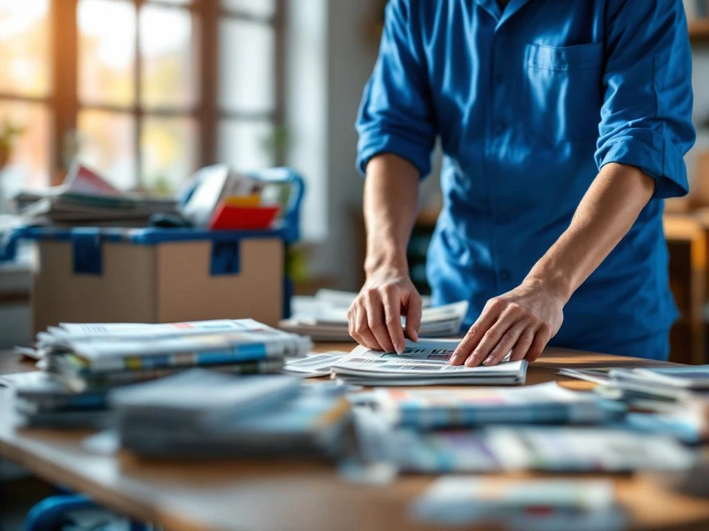 Jakelijatyöntekijä sinisessä univormussa lajittelee lehtiä ja mainoksia puupöydällä, jakokärry vieressä