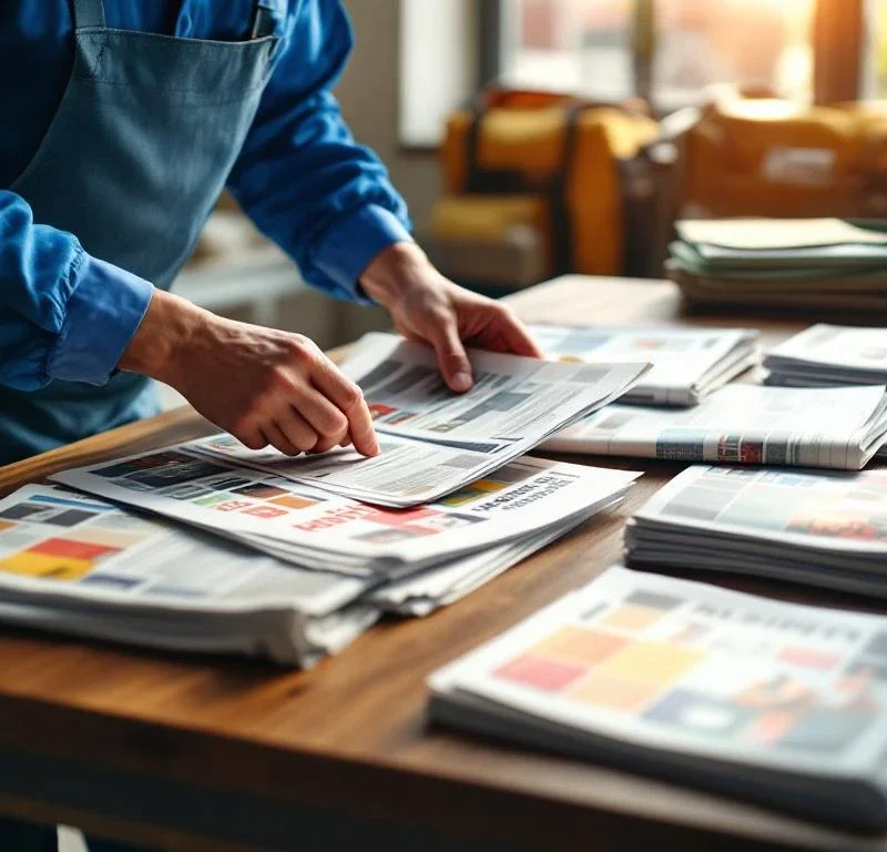 Jakelijatyöntekijä sinisessä vaatetuksessa lajittelee sanomalehtiä ja mainoksia puupöydällä, taustalla kuljetuskassi