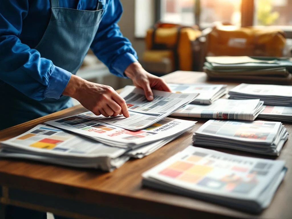 Jakelijatyöntekijä sinisessä vaatetuksessa lajittelee sanomalehtiä ja mainoksia puupöydällä, taustalla kuljetuskassi