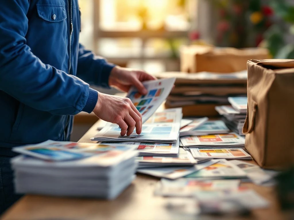 Jakelijan kädet lajittelevat värikkäitä mainoksia ja sanomalehtiä puupöydällä, sininen takki päällä