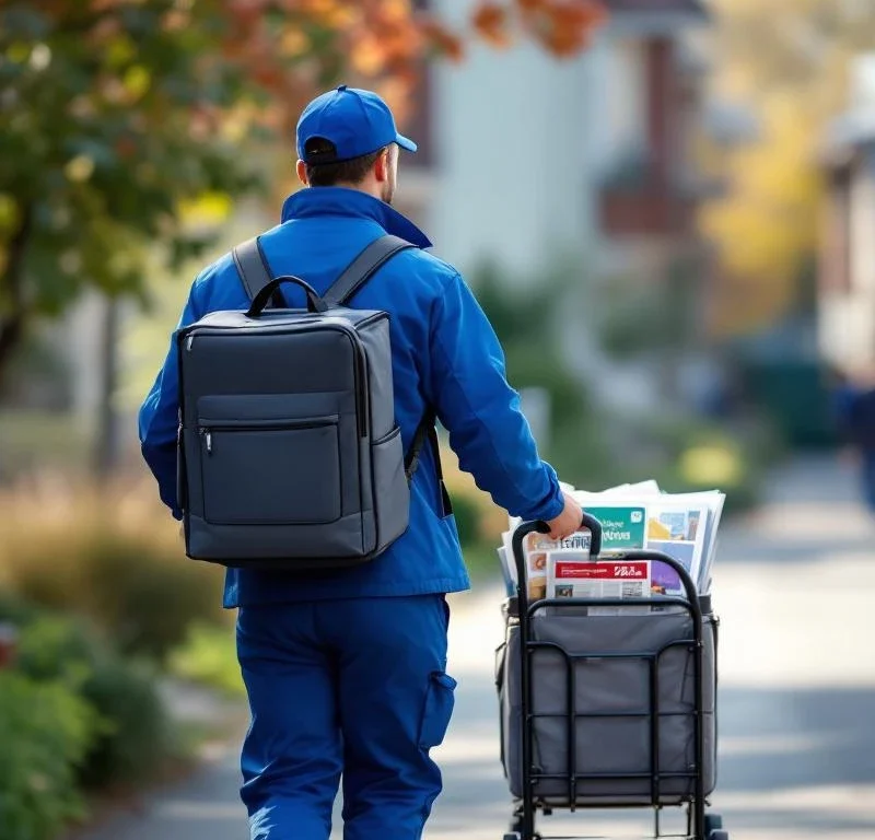 Jakelutyöntekijä sinisessä asussa jakaa mainoksia ovelta ovelle pyörillisellä kärryillä suomalaisessa asuinalueessa