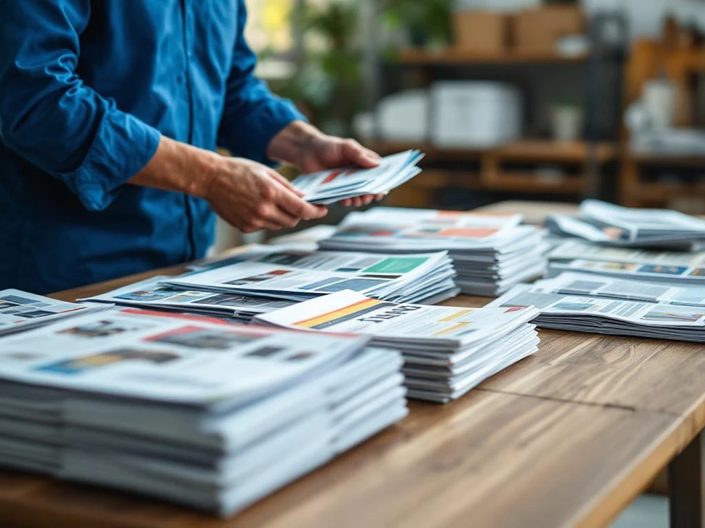 Jakelijatyöntekijä sinisessä vaatteessa järjestää mainoksia ja lehtiä puupöydällä, taustalla jakeluvaunu