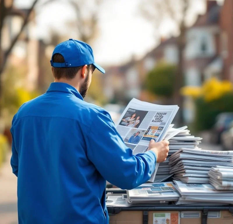 Sanomalehtien jakaja sinisessä vaatteessa järjestää lehtiä ja mainosmateriaaleja jakelukärryn vieressä asuinalueella