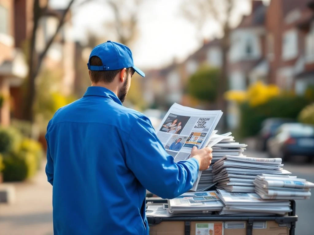 Sanomalehtien jakaja sinisessä vaatteessa järjestää lehtiä ja mainosmateriaaleja jakelukärryn vieressä asuinalueella