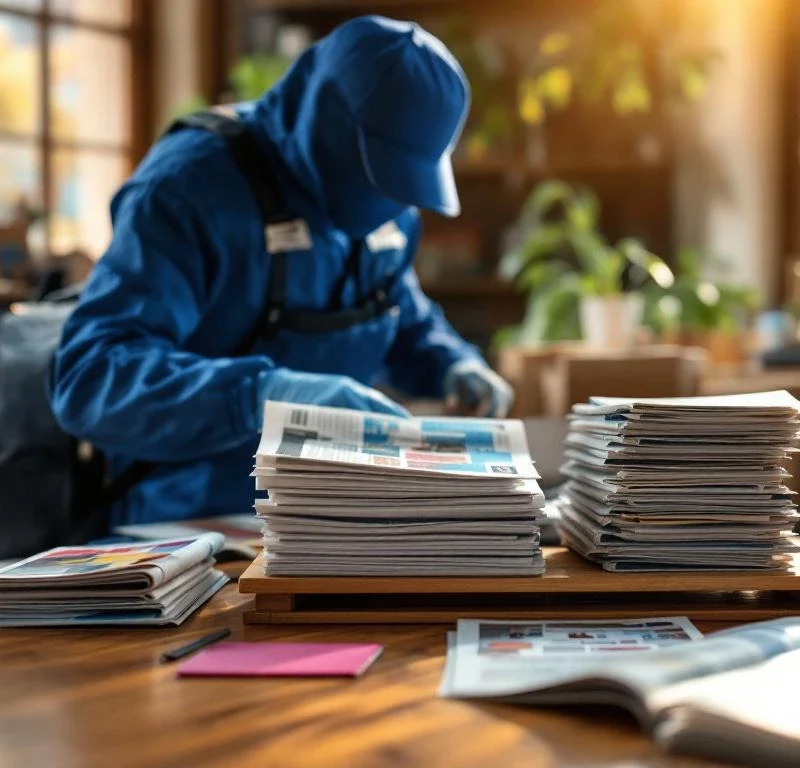 Jakelijatyöntekijä sinisessä univormussa järjestää mainoksia ja lehtiä pinoiksi puupöydällä, taustalla jakelulaukku