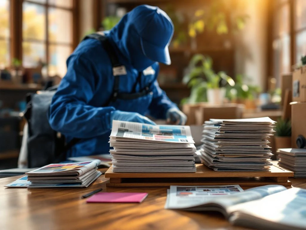 Jakelijatyöntekijä sinisessä univormussa järjestää mainoksia ja lehtiä pinoiksi puupöydällä, taustalla jakelulaukku