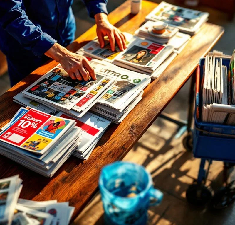 Jakelutyöntekijä sinisessä työasussa lajittelee lehtiä ja mainoksia puupöydällä, vieressä lastattuja julkaisuja
