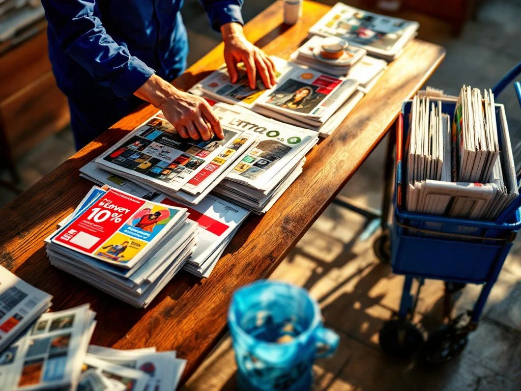 Jakelutyöntekijä sinisessä työasussa lajittelee lehtiä ja mainoksia puupöydällä, vieressä lastattuja julkaisuja