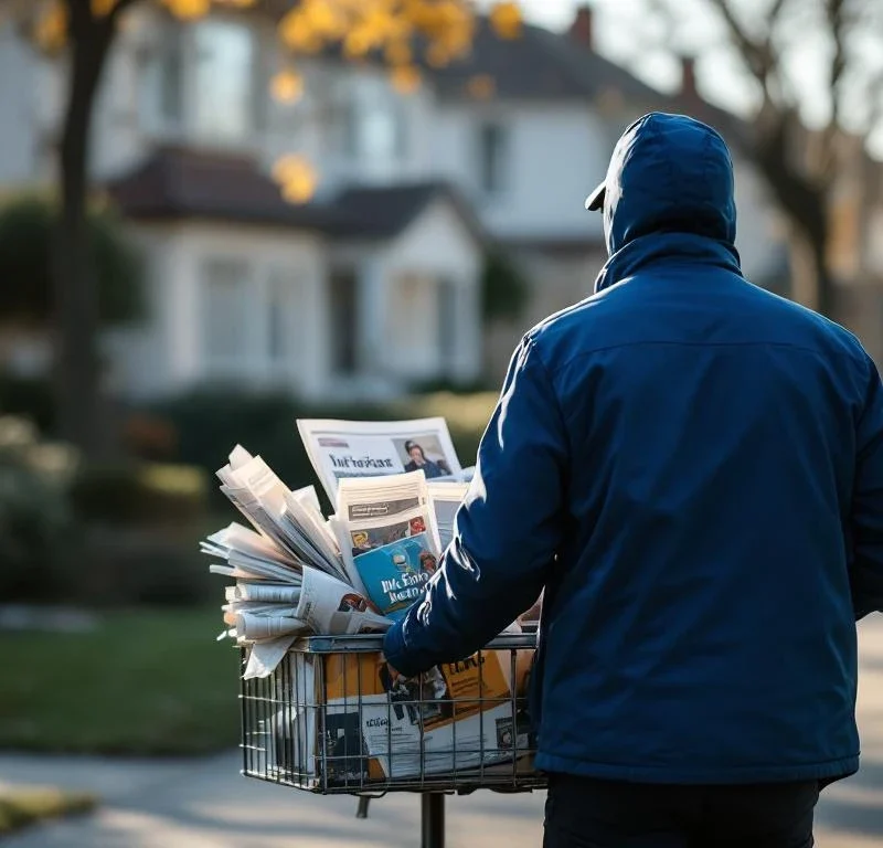Postinjakaja työntää jakelukärryä täynnä sanomalehtiä ja mainoksia suomalaisessa lähiössä aamuvalaistuksessa