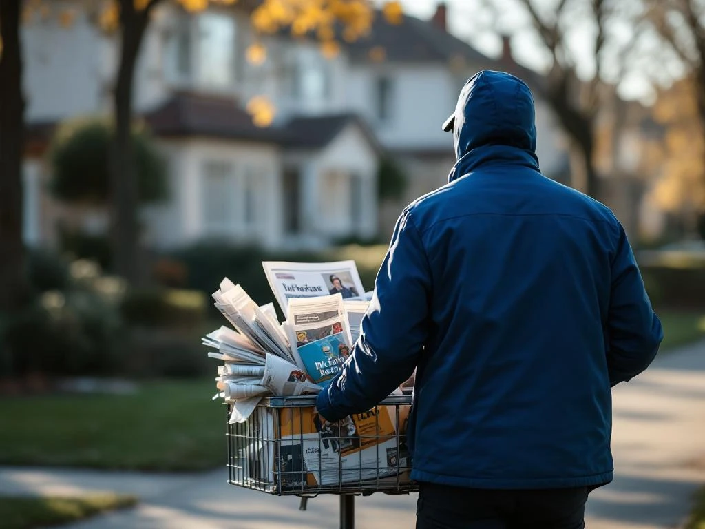 Postinjakaja työntää jakelukärryä täynnä sanomalehtiä ja mainoksia suomalaisessa lähiössä aamuvalaistuksessa