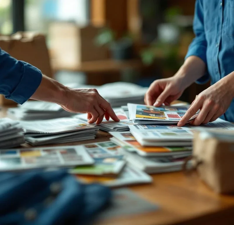 Jakelijatyöntekijä sinisessä univormussa järjestelee mainoksia ja lehtiä puupöydällä, taustalla laukku ja kärryt