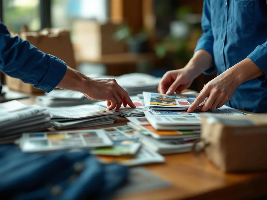 Jakelijatyöntekijä sinisessä univormussa järjestelee mainoksia ja lehtiä puupöydällä, taustalla laukku ja kärryt