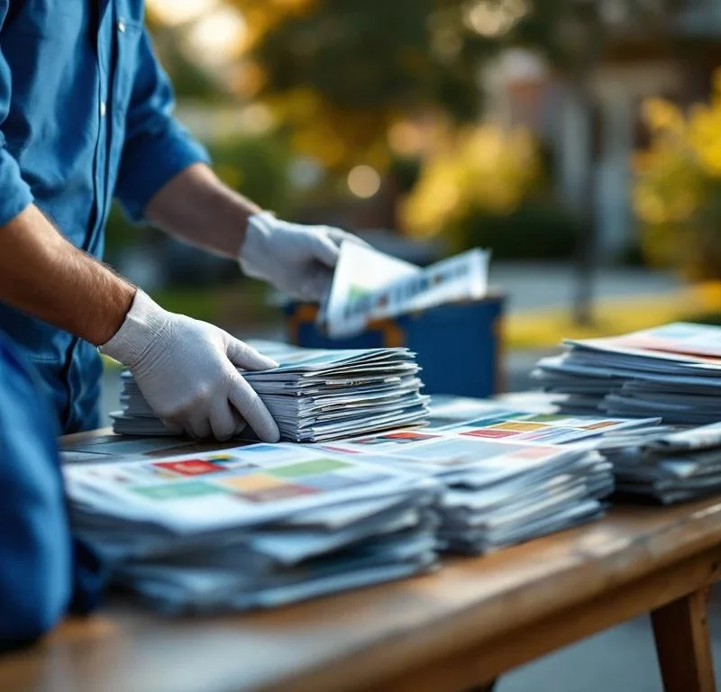 Jakelija sinisessä työasussa järjestää mainoksia ja lehtiä puupöydälle, taustalla asuinalue
