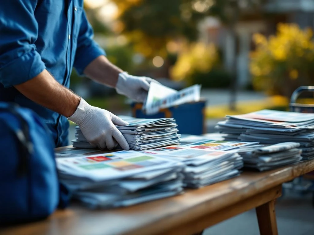 Jakelija sinisessä työasussa järjestää mainoksia ja lehtiä puupöydälle, taustalla asuinalue