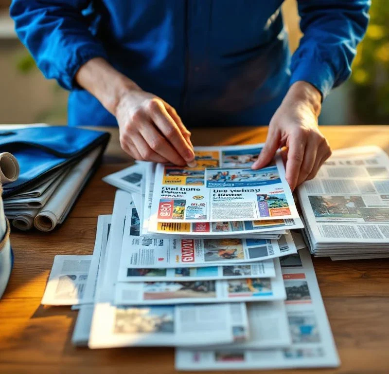 Sinipukuinen jakelija järjestelee mainoksia ja sanomalehtiä puupöydällä, sininen jakelulaukku vieressä