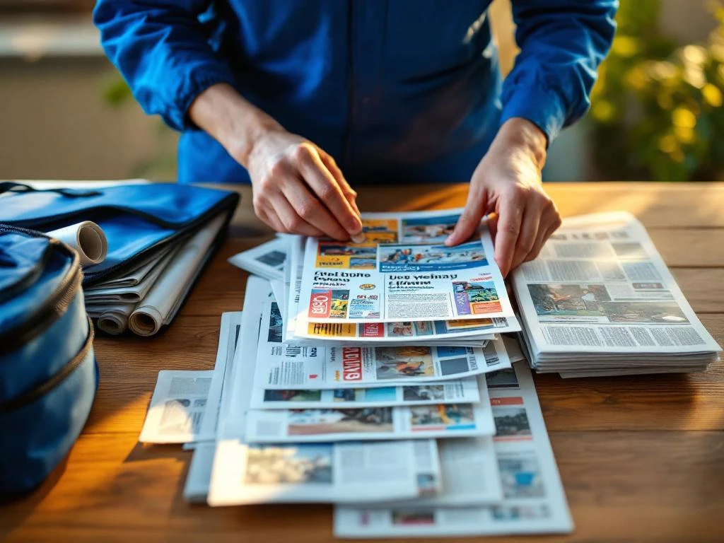 Sinipukuinen jakelija järjestelee mainoksia ja sanomalehtiä puupöydällä, sininen jakelulaukku vieressä