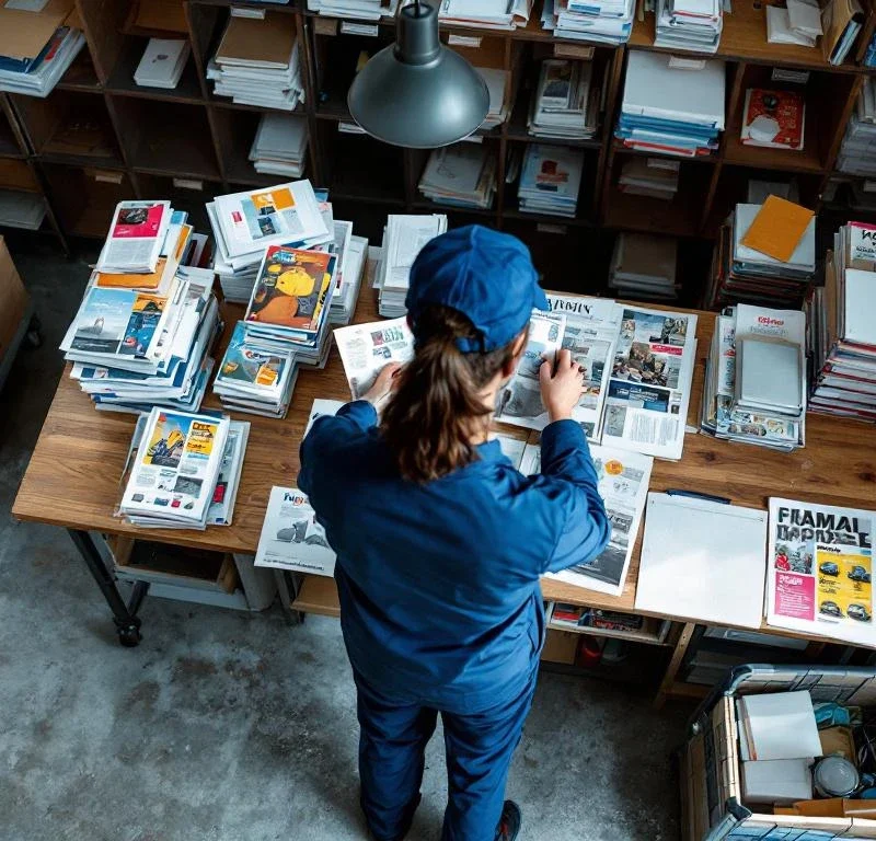 Postin työntekijä sinisessä työasussa järjestää mainoksia ja lehtiä lajittelupisteessä, vieressä jakelukärry