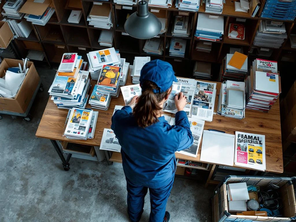 Postin työntekijä sinisessä työasussa järjestää mainoksia ja lehtiä lajittelupisteessä, vieressä jakelukärry