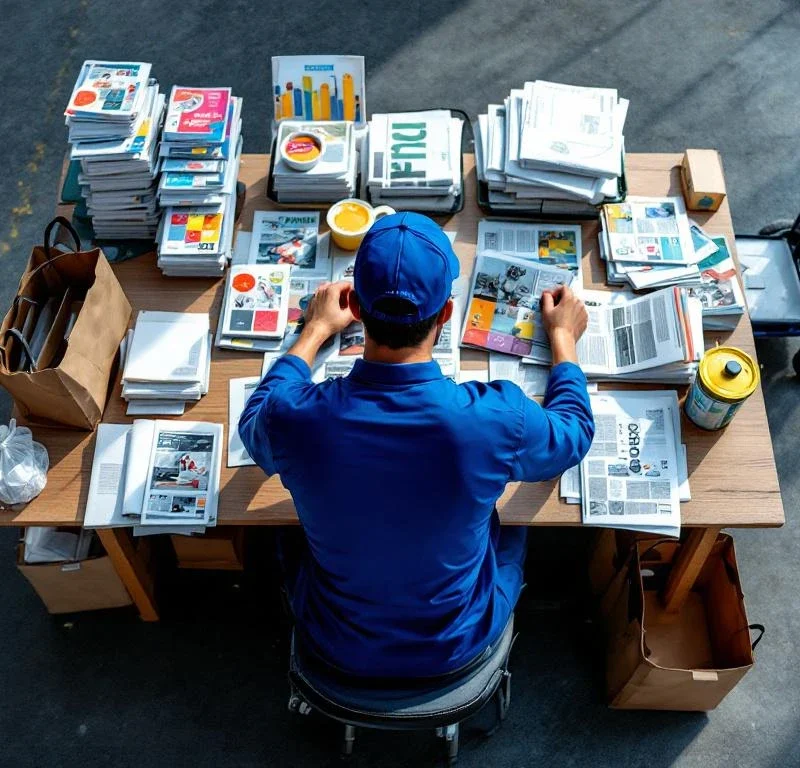 Lehdenjakaja sinisessä työasussa järjestelee sanomalehtiä ja mainoksia lajittelupisteessä puupöydän ääressä