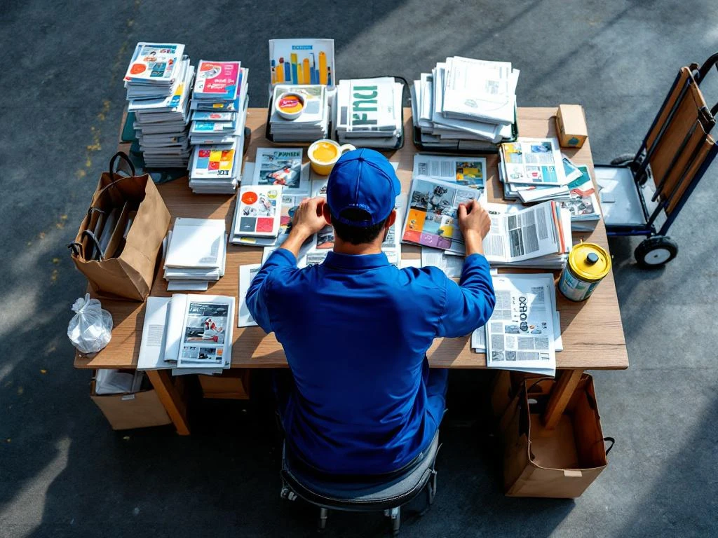 Lehdenjakaja sinisessä työasussa järjestelee sanomalehtiä ja mainoksia lajittelupisteessä puupöydän ääressä