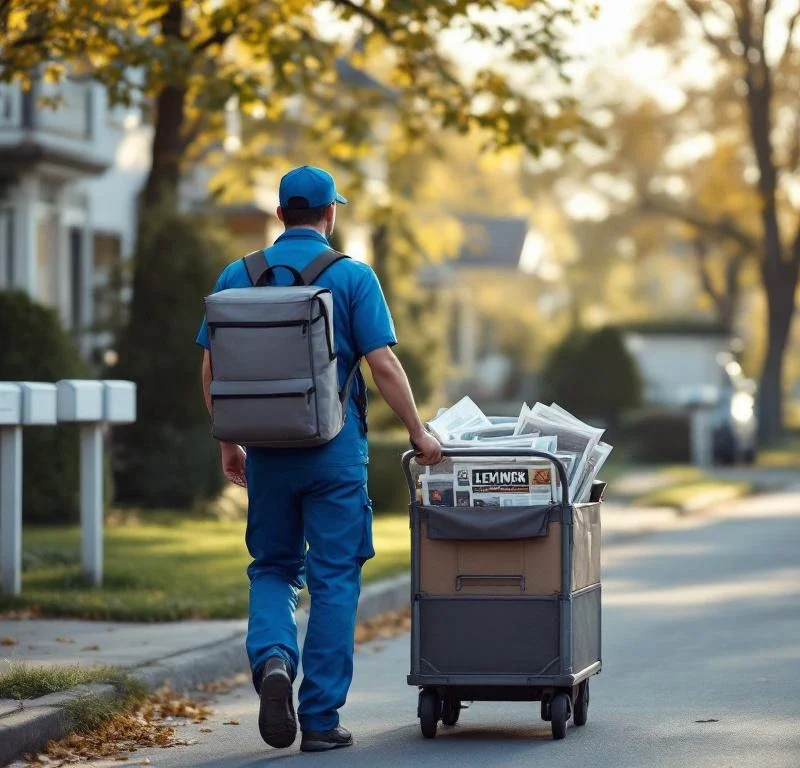 Postinjakaja sinisessä univormussa kävelee kärryjen kanssa rauhallisessa suomalaisessa lähiössä aamuvalaistuksessa