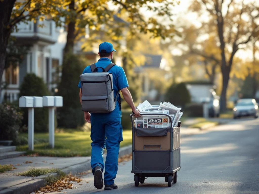 Postinjakaja sinisessä univormussa kävelee kärryjen kanssa rauhallisessa suomalaisessa lähiössä aamuvalaistuksessa