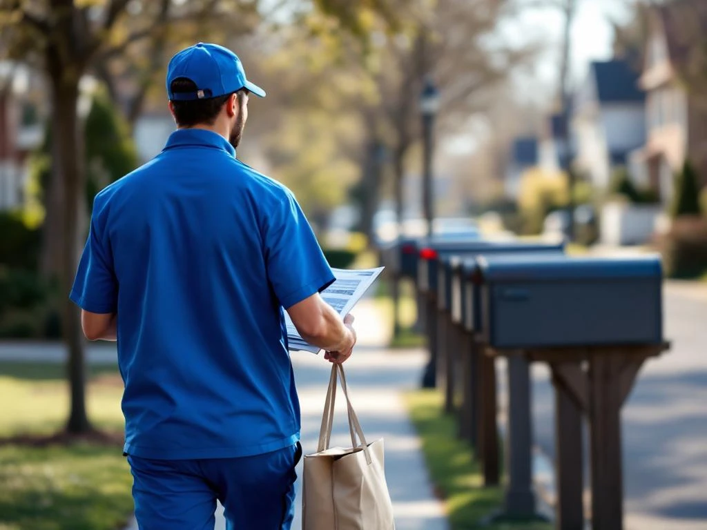 Postinjakaja sinisessä univormussa jakamassa lehtiä postilaatikoihin asuinalueella päivänvalossa