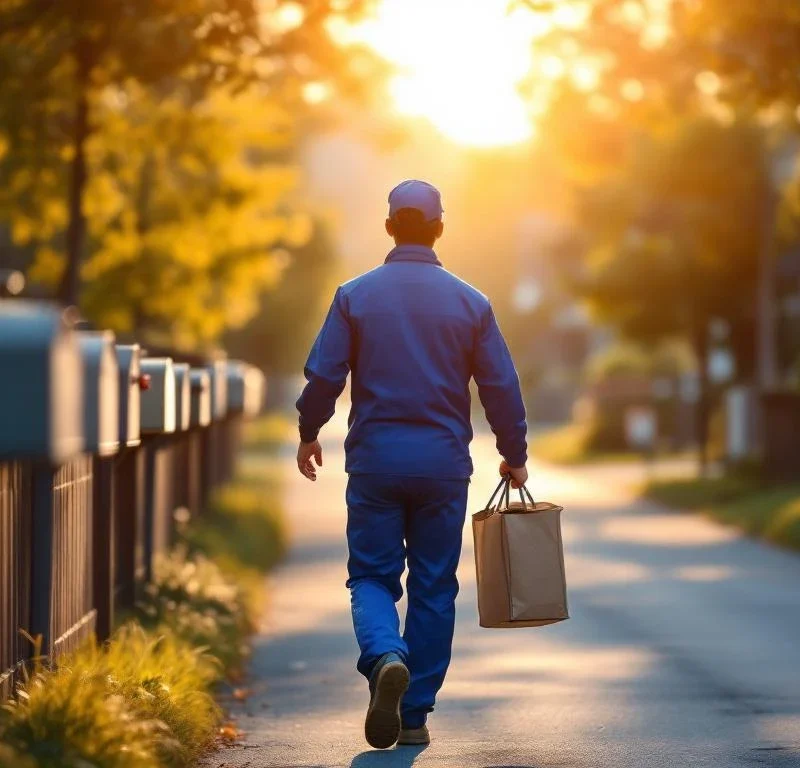 Postinjakaja sinisessä työasussa kuljettaa jakelulaukkua ja jakaa mainoksia suomalaisessa lähiössä