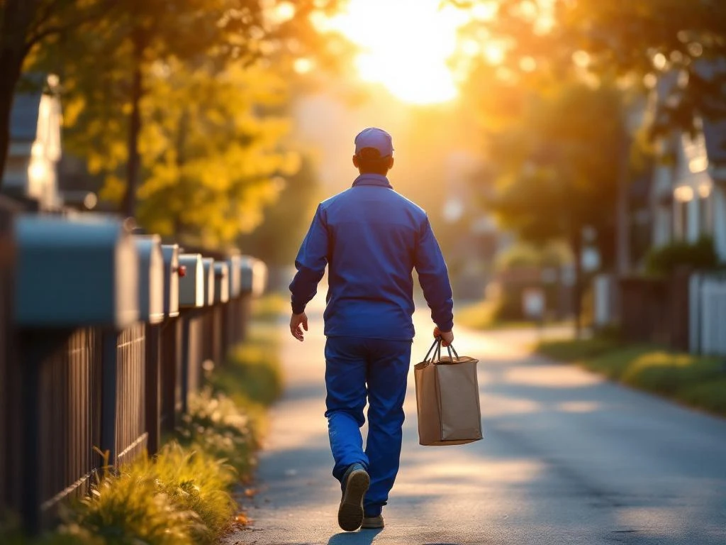 Postinjakaja sinisessä työasussa kuljettaa jakelulaukkua ja jakaa mainoksia suomalaisessa lähiössä
