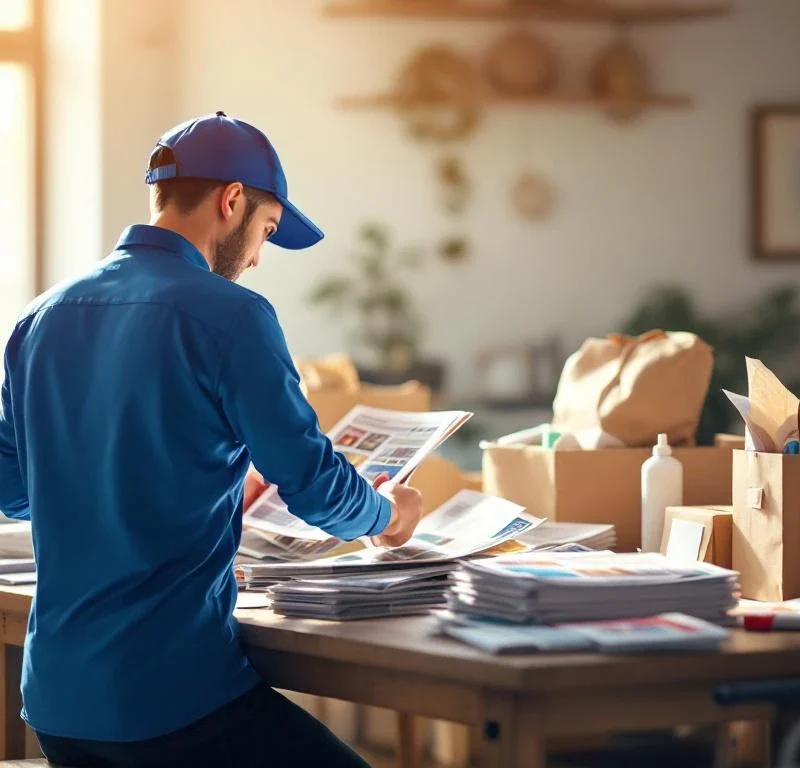 Jakelija sinisessä työasussa lajittelee sanomalehtiä ja mainoksia puupöydällä, laukut ja kärry lähettyvillä
