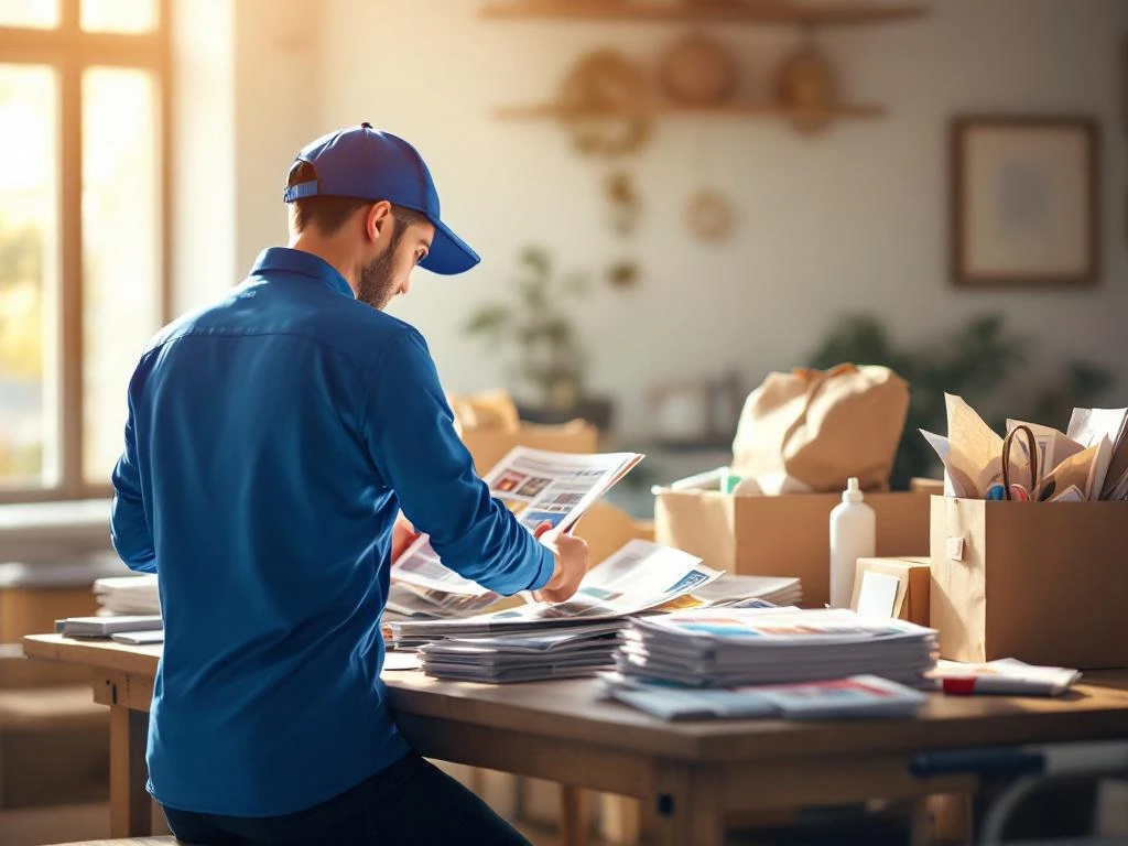 Jakelija sinisessä työasussa lajittelee sanomalehtiä ja mainoksia puupöydällä, laukut ja kärry lähettyvillä