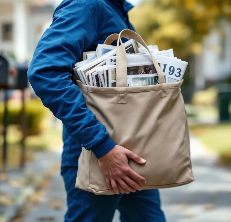 Postinjakaja sinisessä takissa kantaa suurta kangaskassia täynnä sanomalehtiä ja mainoksia asuinalueella
