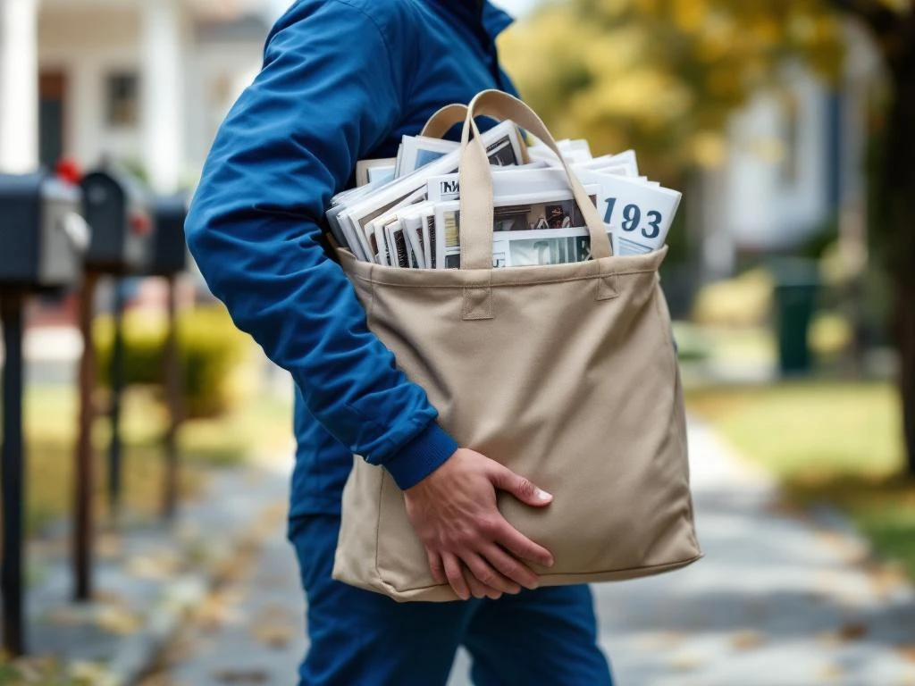 Postinjakaja sinisessä takissa kantaa suurta kangaskassia täynnä sanomalehtiä ja mainoksia asuinalueella