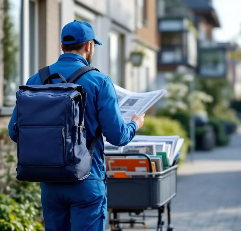 Siniseen univormuun pukeutunut jakelutyöntekijä jakaa sanomalehtiä ja mainoksia suomalaisessa asuinalueessa