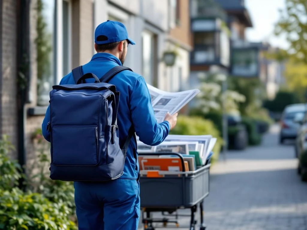 Siniseen univormuun pukeutunut jakelutyöntekijä jakaa sanomalehtiä ja mainoksia suomalaisessa asuinalueessa