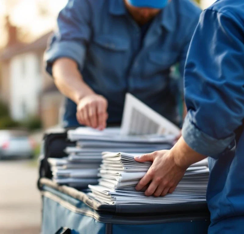 Sinipukuinen lehdenjakaja järjestelee sanomalehtiä ja mainoksia jakulaukkuun asuinalueella, kädet ja työvälineet näkyvissä