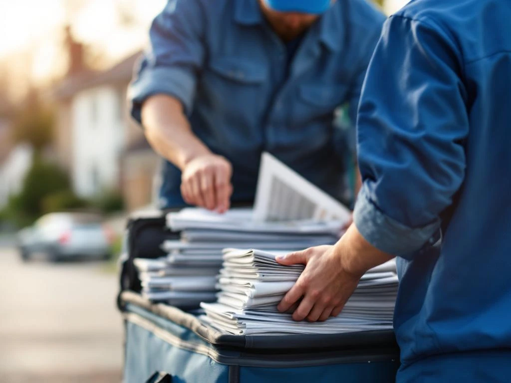Sinipukuinen lehdenjakaja järjestelee sanomalehtiä ja mainoksia jakulaukkuun asuinalueella, kädet ja työvälineet näkyvissä