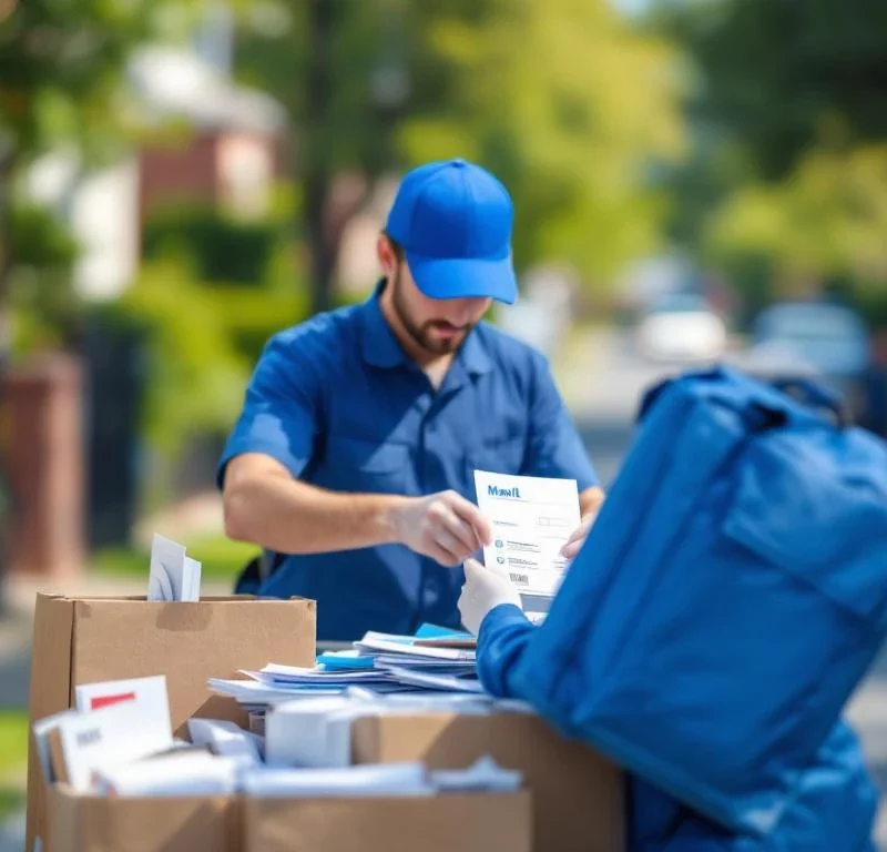 Sinipukuinen postinjakaja järjestelee kirjeitä ja mainoksia jakelukärryssä asuinalueen kadulla