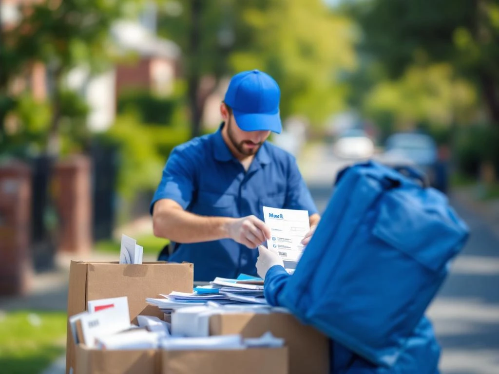 Sinipukuinen postinjakaja järjestelee kirjeitä ja mainoksia jakelukärryssä asuinalueen kadulla