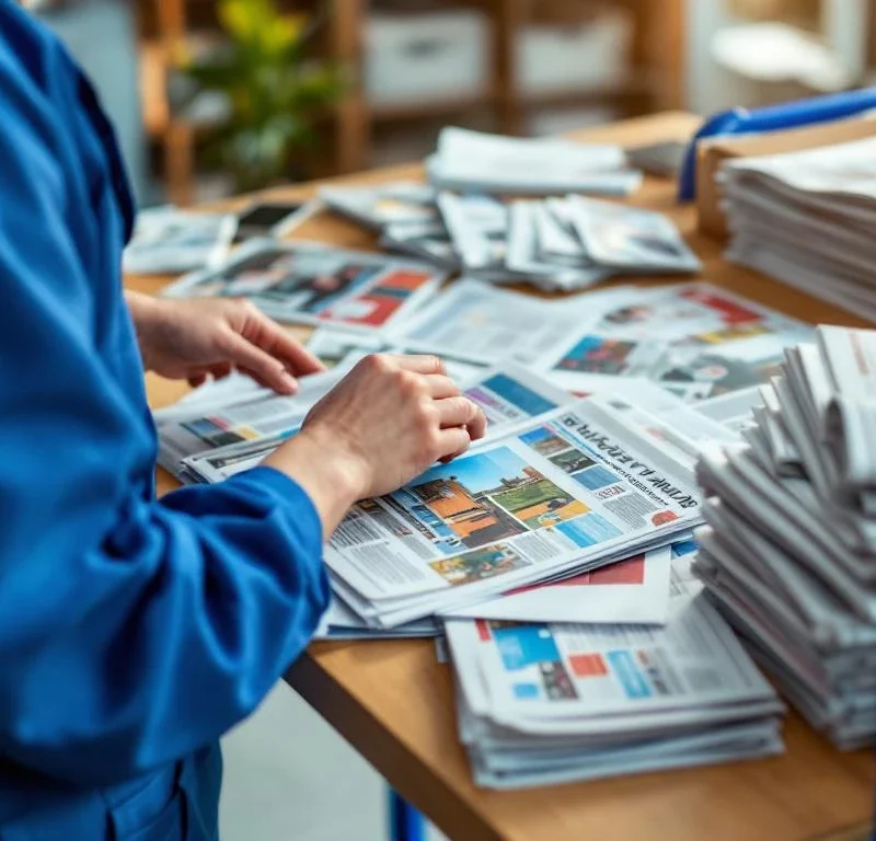 Postityöntekijä sinisessä univormussa lajittelee mainoksia ja sanomalehtiä puisella työpöydällä, vieressä sininen jakeluvaunu