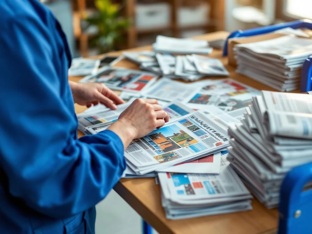 Postityöntekijä sinisessä univormussa lajittelee mainoksia ja sanomalehtiä puisella työpöydällä, vieressä sininen jakeluvaunu