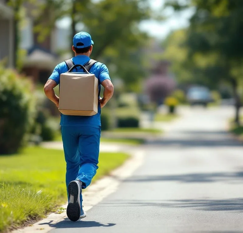 Siniseen pukeutunut lähetti juoksee jakelulaukun kanssa esikaupunkikadulla kohti taloja päivänvalossa