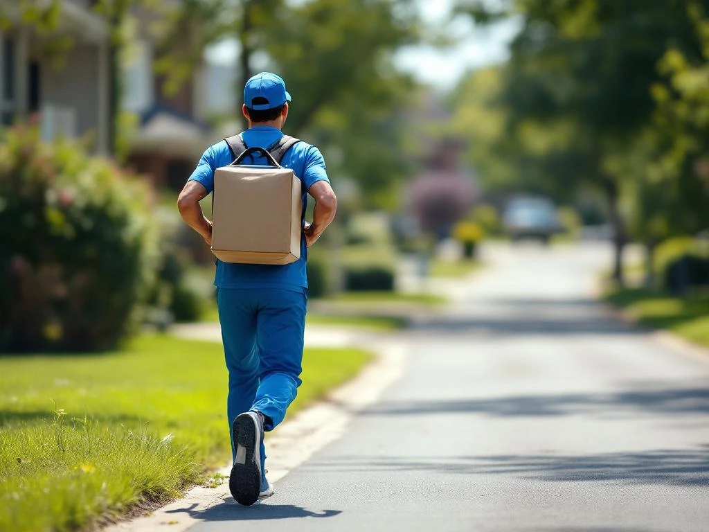 Siniseen pukeutunut lähetti juoksee jakelulaukun kanssa esikaupunkikadulla kohti taloja päivänvalossa