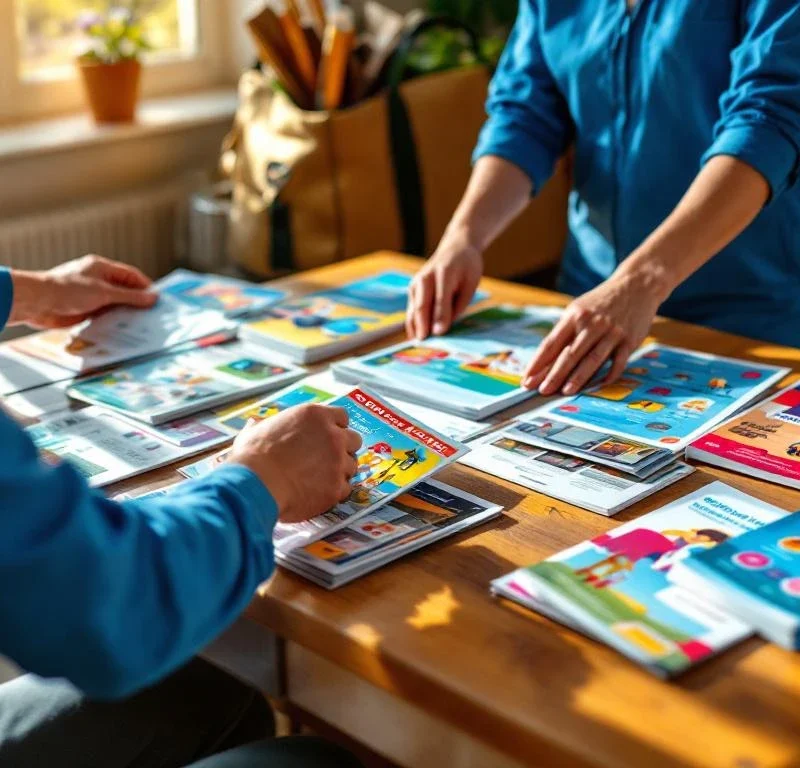 Jakelijatyöntekijä sinisessä vaatteessa järjestää värikkäitä mainosesite ja esitteitä puupöydällä, taustalla jakelulaukku
