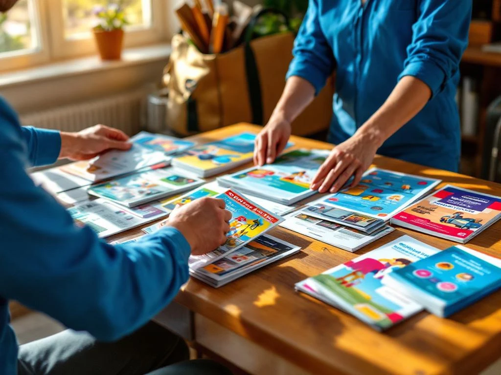 Jakelijatyöntekijä sinisessä vaatteessa järjestää värikkäitä mainosesite ja esitteitä puupöydällä, taustalla jakelulaukku