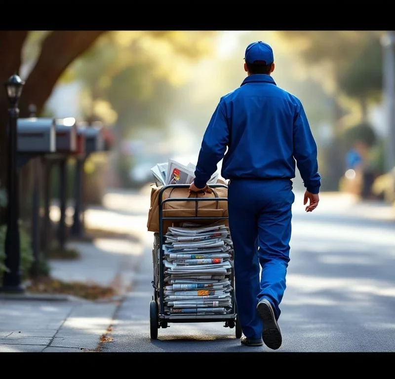 Postinjakaja sinisessä työasussa työntää kärryjä sanomalehtien ja mainosten kanssa asuinalueen kadulla