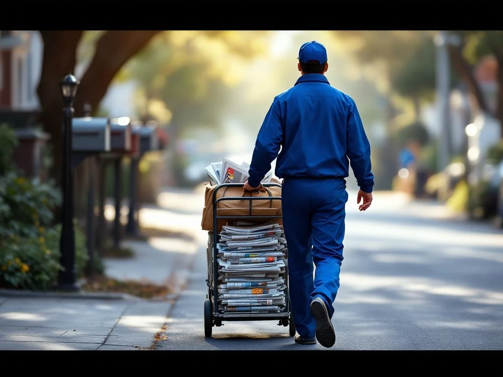 Postinjakaja sinisessä työasussa työntää kärryjä sanomalehtien ja mainosten kanssa asuinalueen kadulla