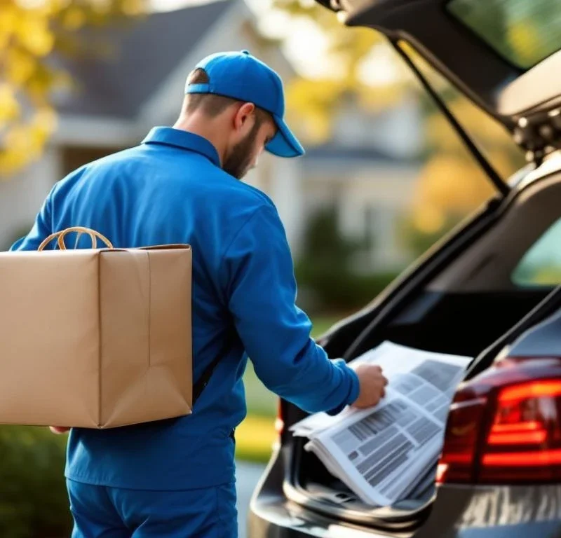 Sinipukuinen jakaja järjestelee toimitusmateriaaleja auton tavaratilassa esikaupunkialueella päivänvalossa
