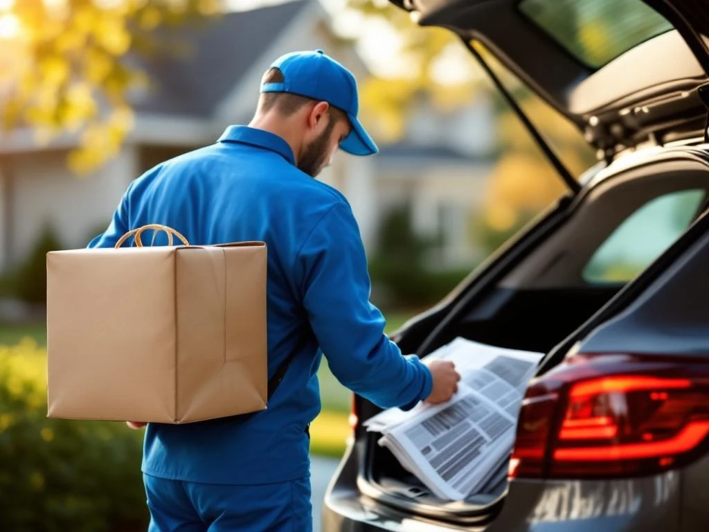 Sinipukuinen jakaja järjestelee toimitusmateriaaleja auton tavaratilassa esikaupunkialueella päivänvalossa